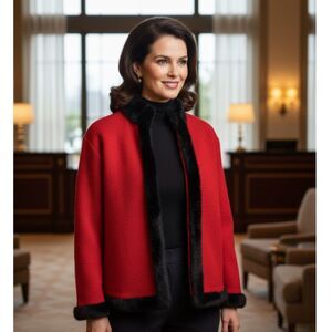 Vintage Lisa International Jacket Boiled Wool Red Faux Fur Trim Womens Size L